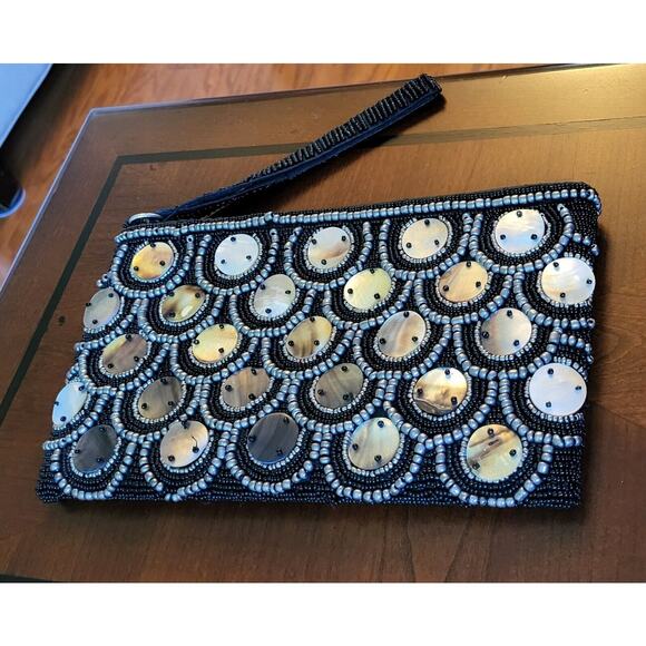 Beaded Wristlet Purse Lined Iridescent Black Brown Tan Gold Clutch
